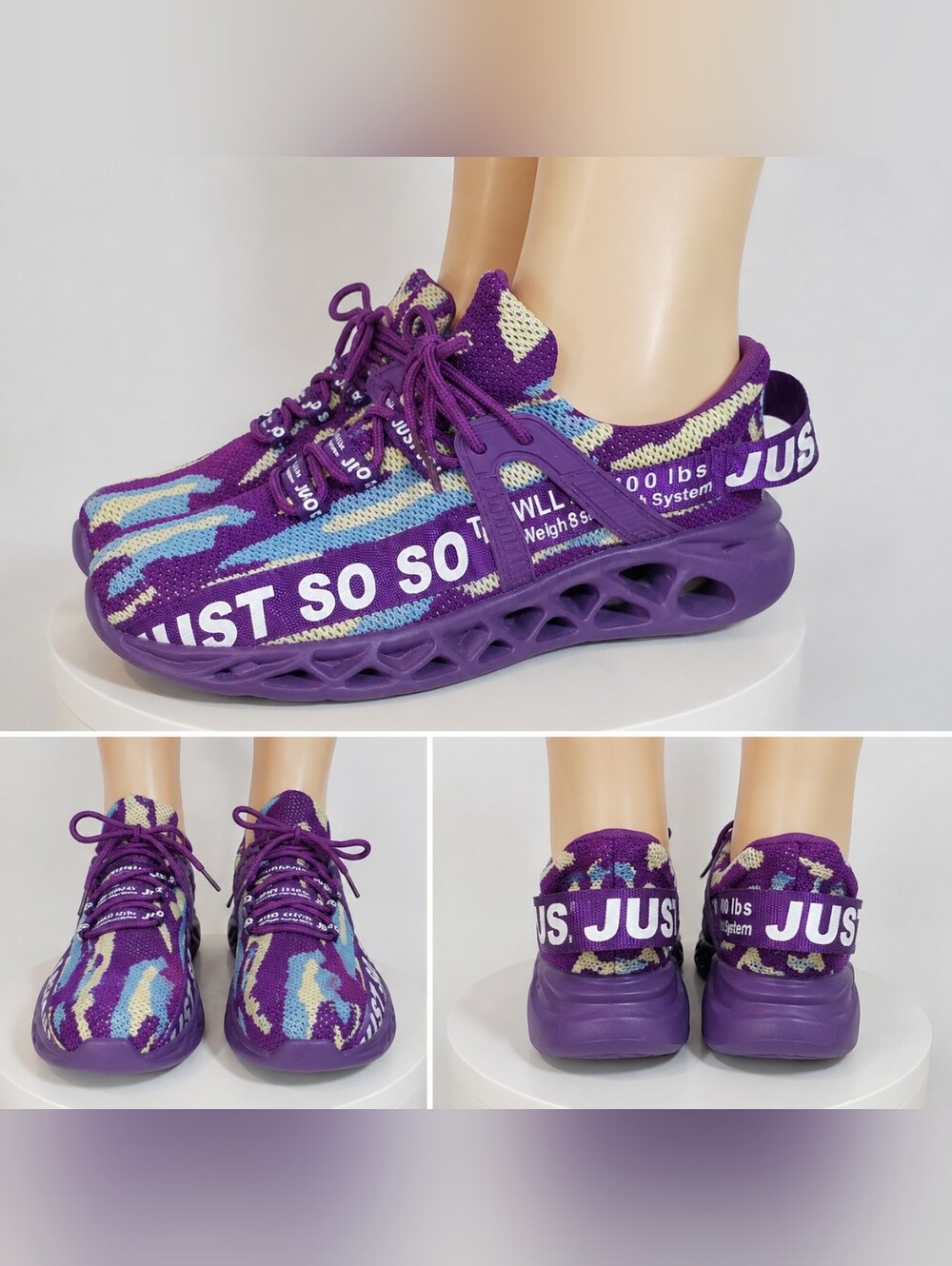 Just So So camouflage athletic sneakers in a distinctive purple and blue color